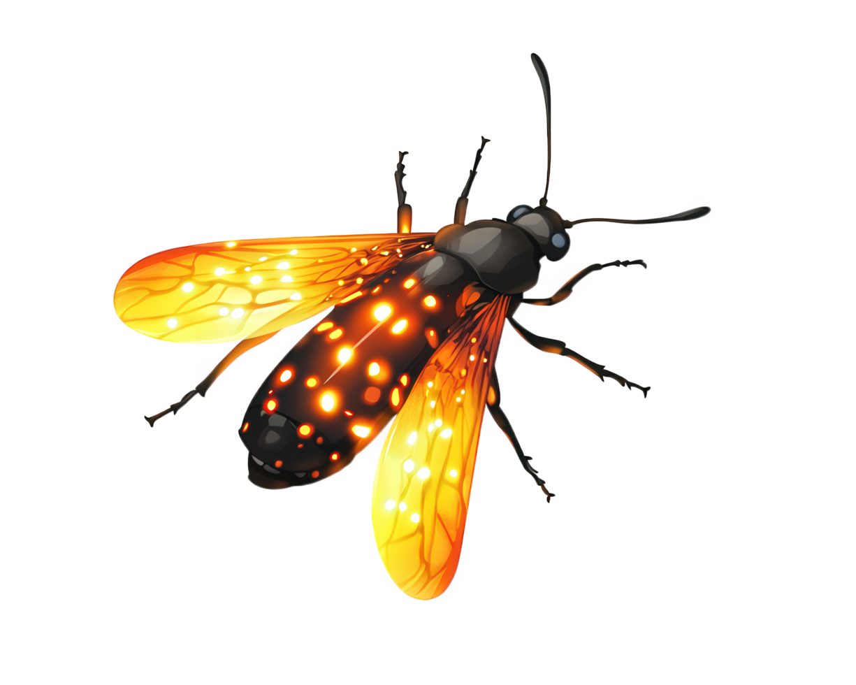 glowing firefly with vibrant orange wings and dark body, isolated on transparency background, showcasing its bioluminescent features png