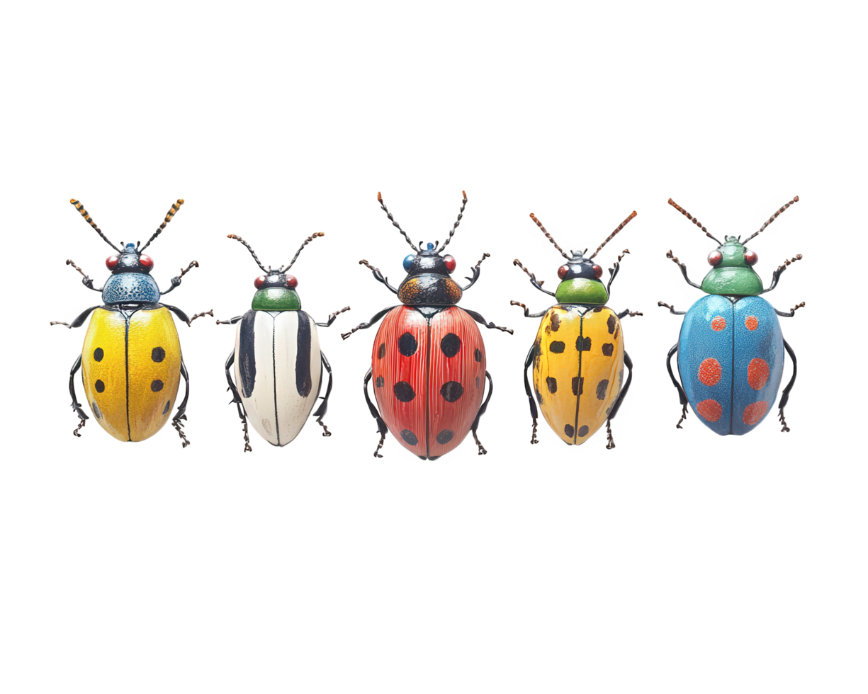 Whimsical bug parade featuring colorful, decorative beetles on transparency background, showcasing vibrant patterns and playful designs that evoke joy and creativity png