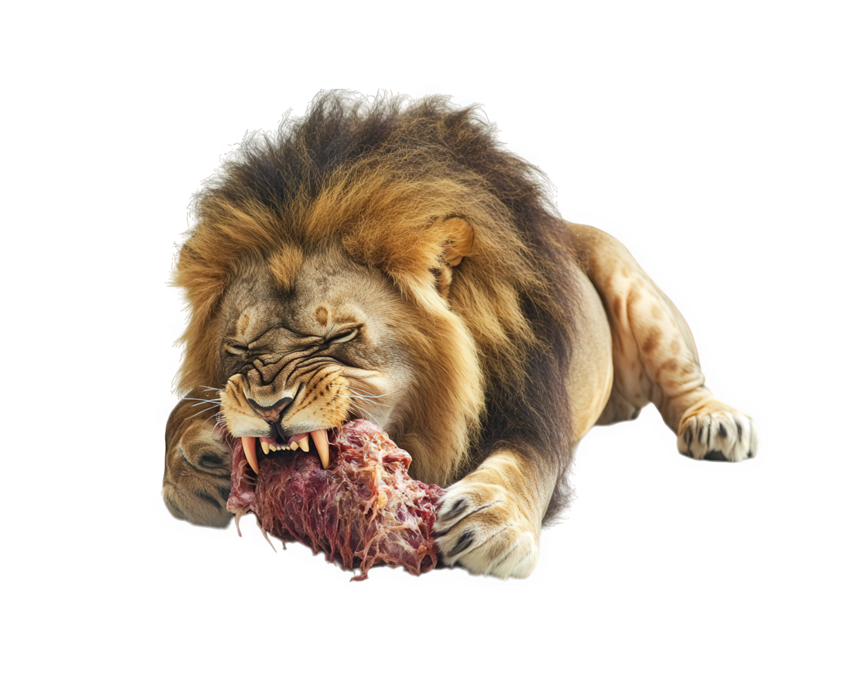 lion fiercely eating prey, showcasing its powerful jaws and sharp teeth. scene captures raw strength and natural instincts of this majestic animal in striking manner png