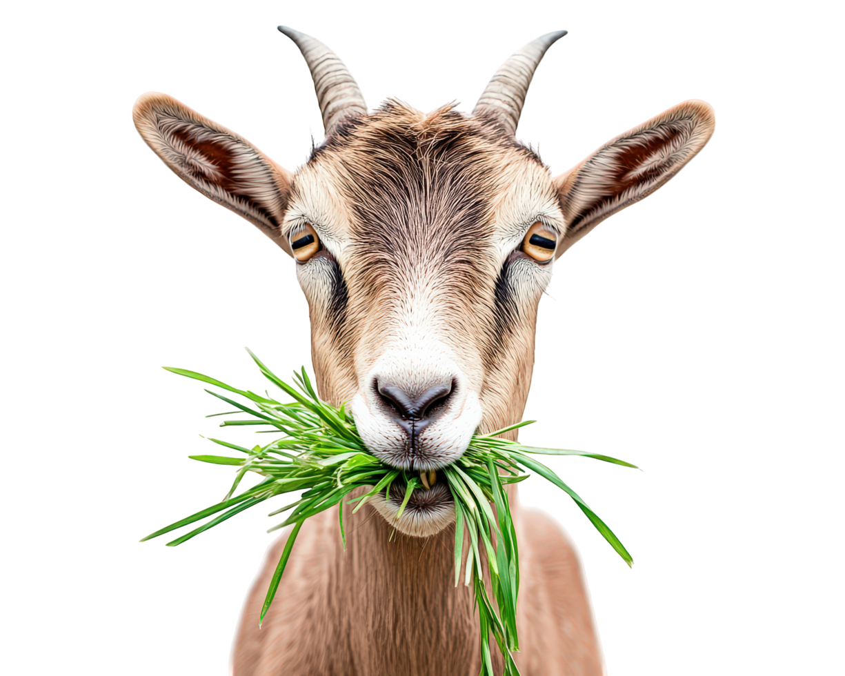 Goat eating grass with playful expression, isolated on transparency background. This captures essence of farm life and joy of nature png