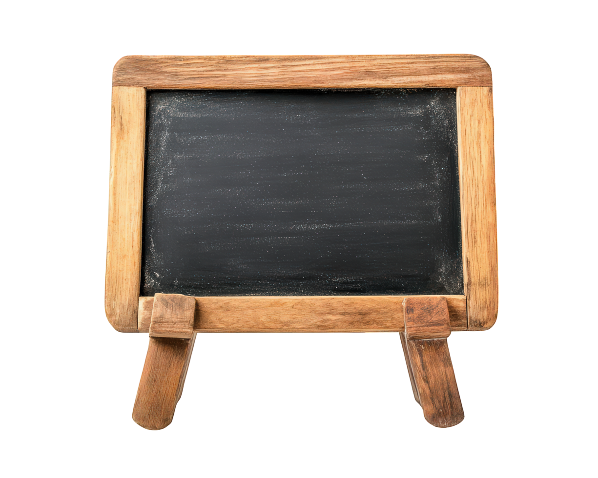 Mini chalkboard tabletop sign with wooden frame, perfect for displaying messages or menus. Ideal for cafes, events, or home decor png