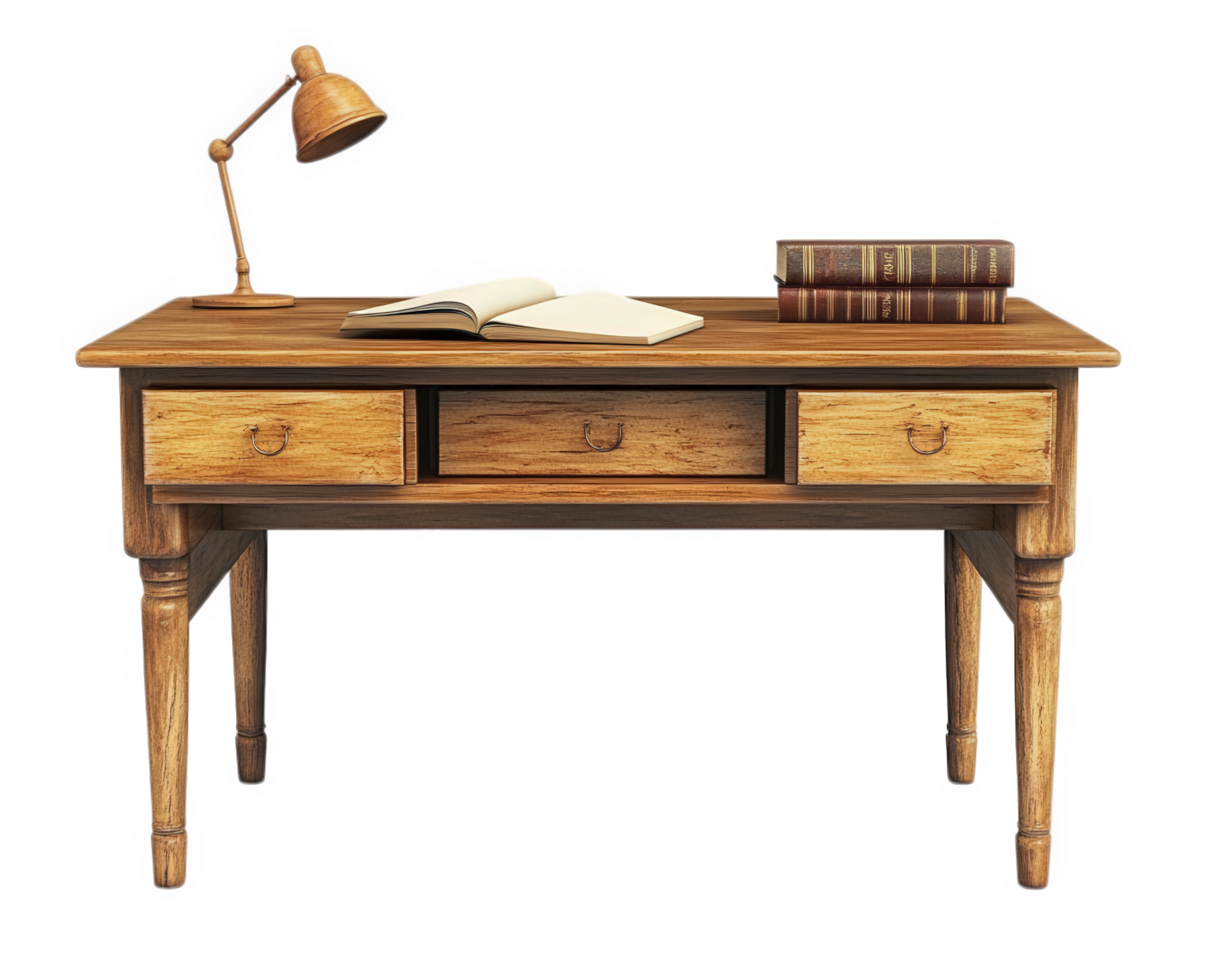 wooden teacher desk with lamp, books, and open notebook, perfect for study or work. warm tones create cozy atmosphere for learning and creativity png