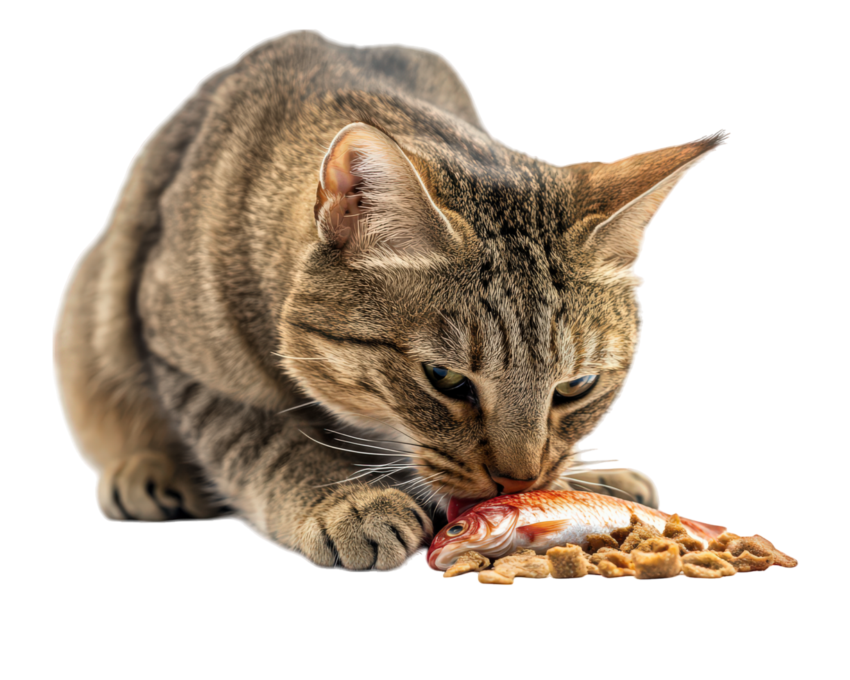 cat eating fish on transparency background, showcasing its natural hunting instincts and curiosity. scene captures essence of feline love for fish and food png