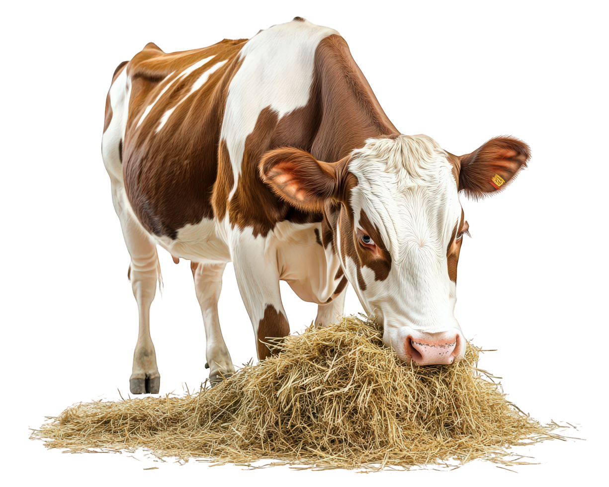 cow eating hay on transparency background, showcasing its brown and white coat. cow appears calm and content while feeding, highlighting its natural behavior png