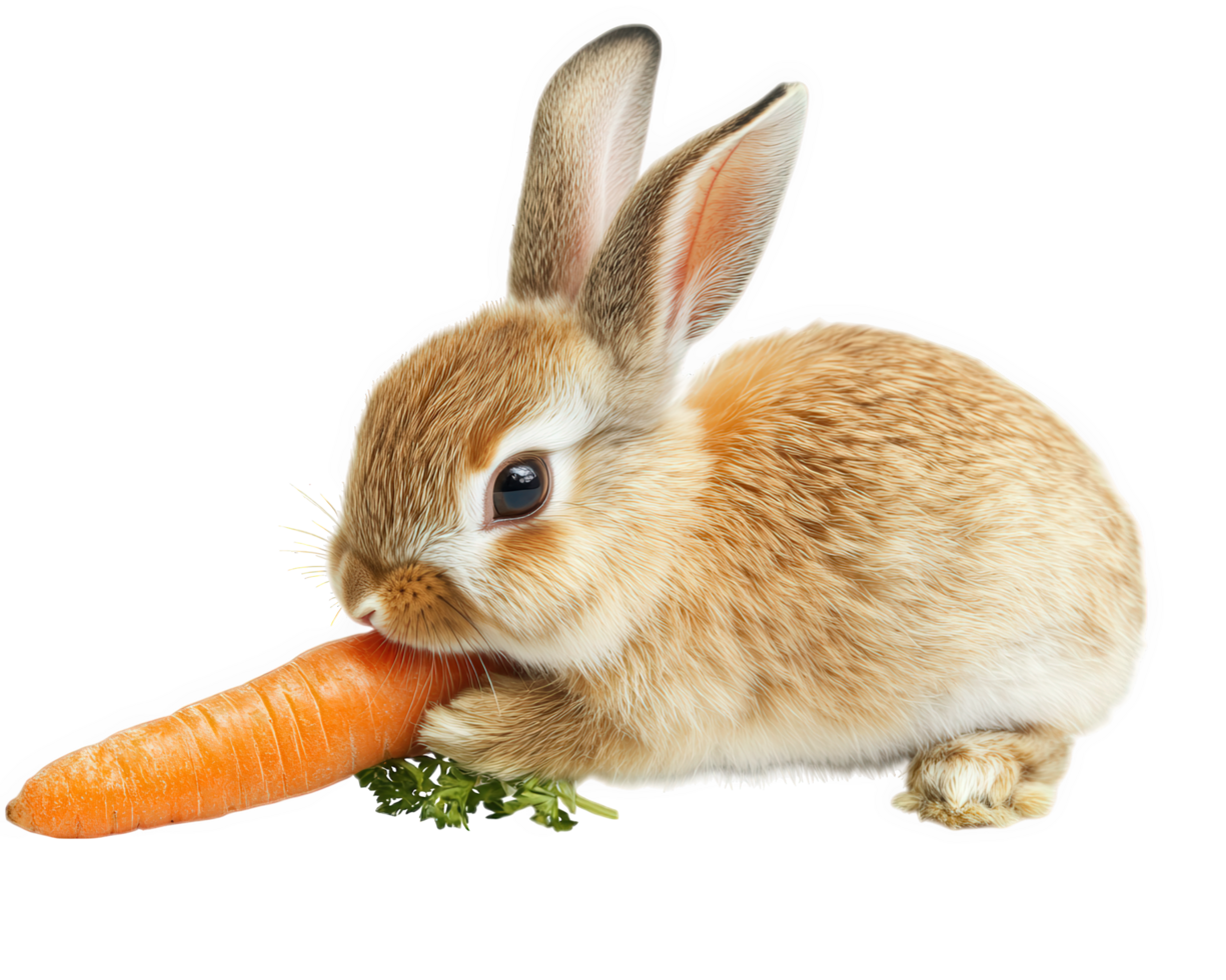 rabbit eating carrot, isolated on transparency background, showcases its adorable features and playful nature. This charming scene captures essence of rabbit diet and behavior png