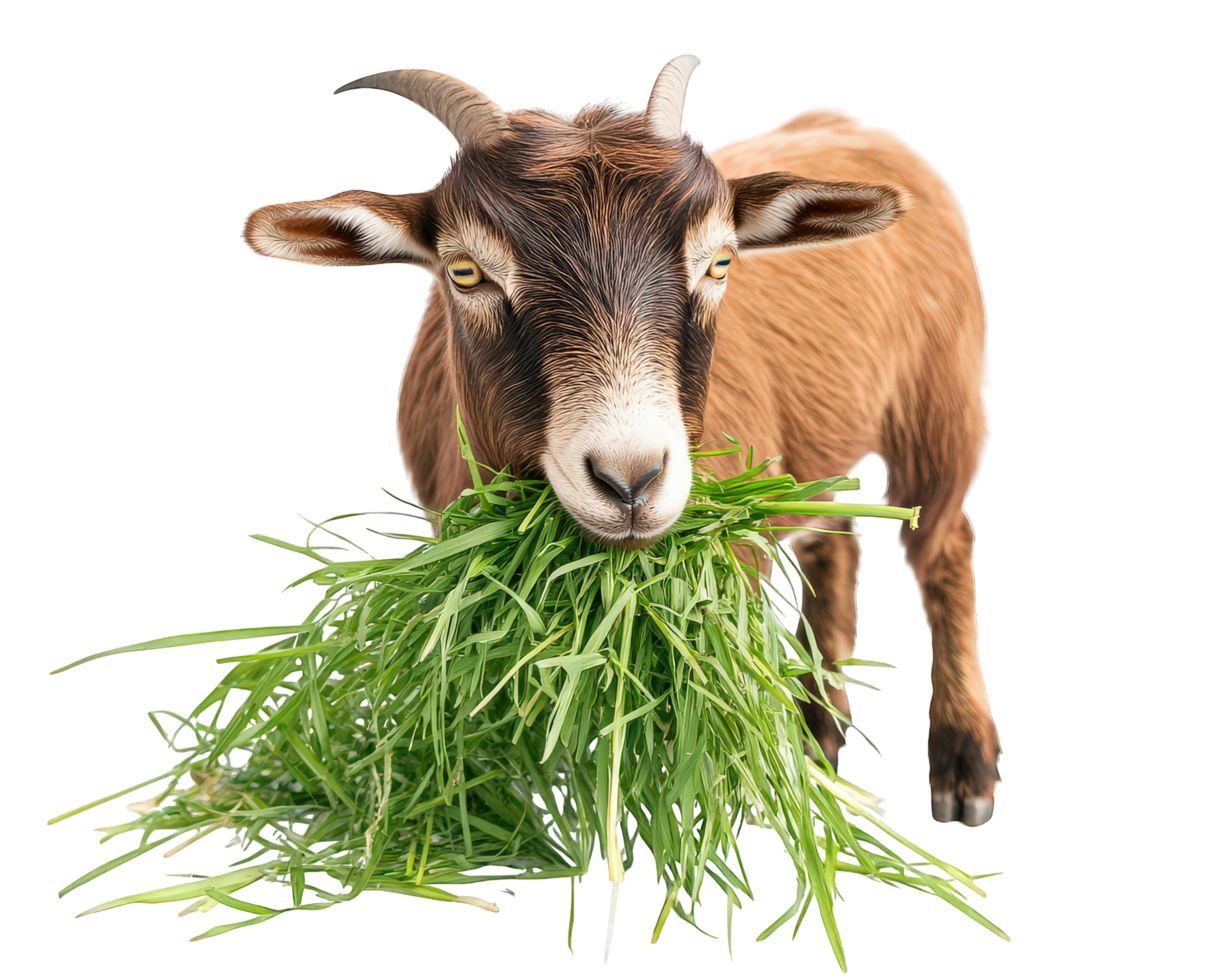 goat eating fresh grass, showcasing its natural behavior in vibrant setting. This captures essence of farm life and connection between animals and nature png