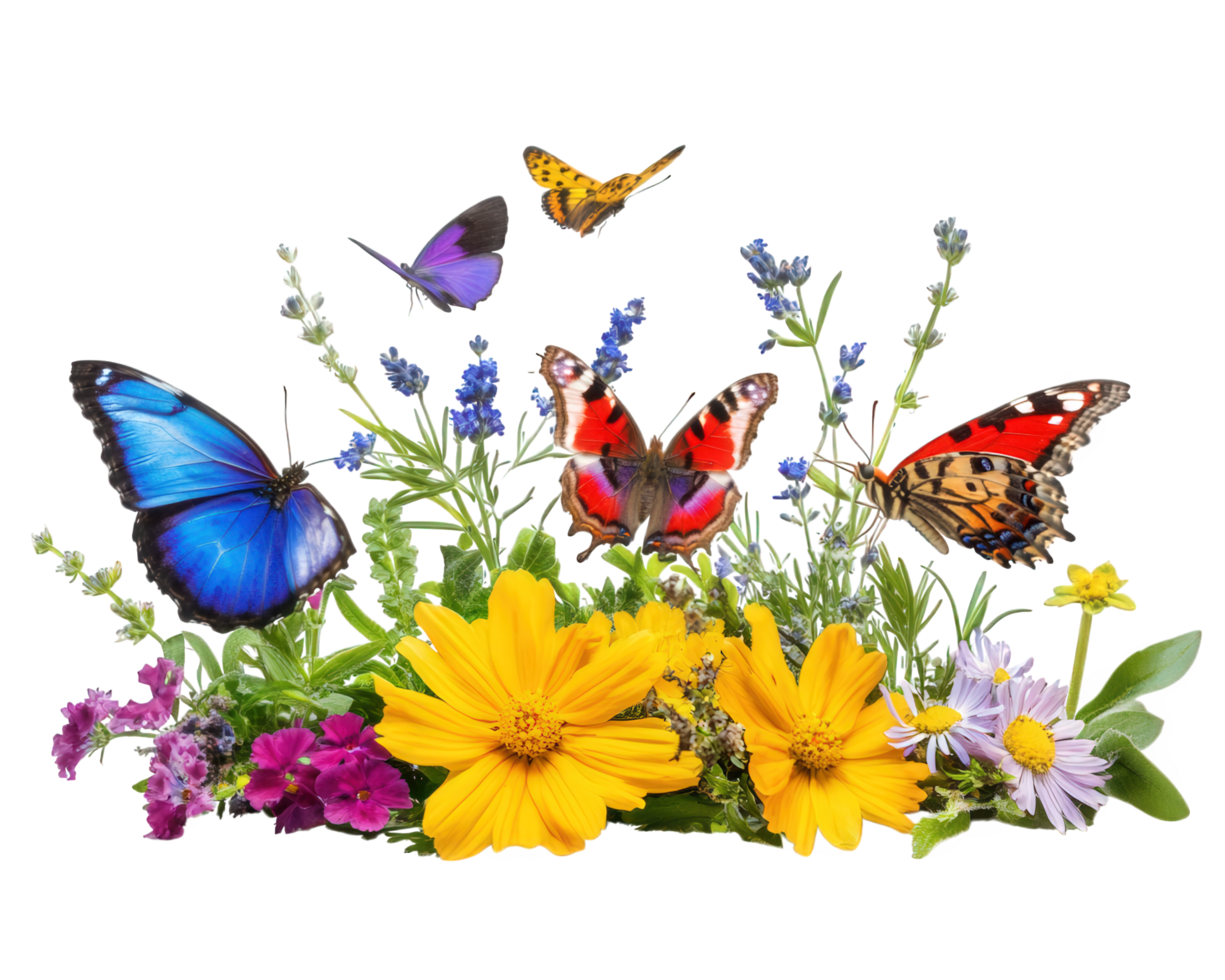vibrant butterfly garden featuring colorful flowers and various butterflies, creating lively and cheerful atmosphere. Perfect for nature lovers and garden enthusiasts png