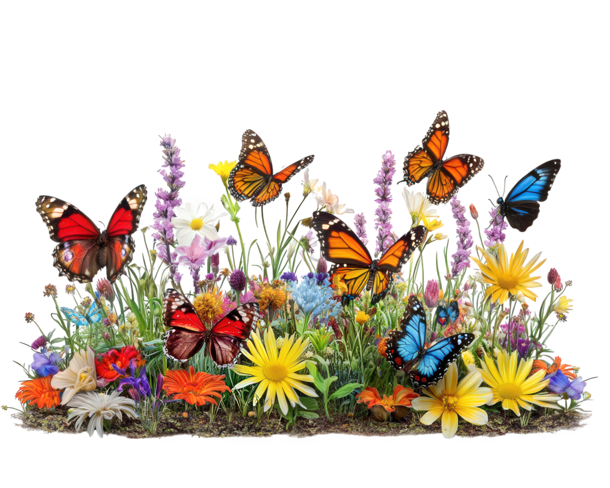 vibrant butterfly garden filled with colorful flowers and butterflies, showcasing nature beauty and diversity. This lively scene evokes joy and tranquility png