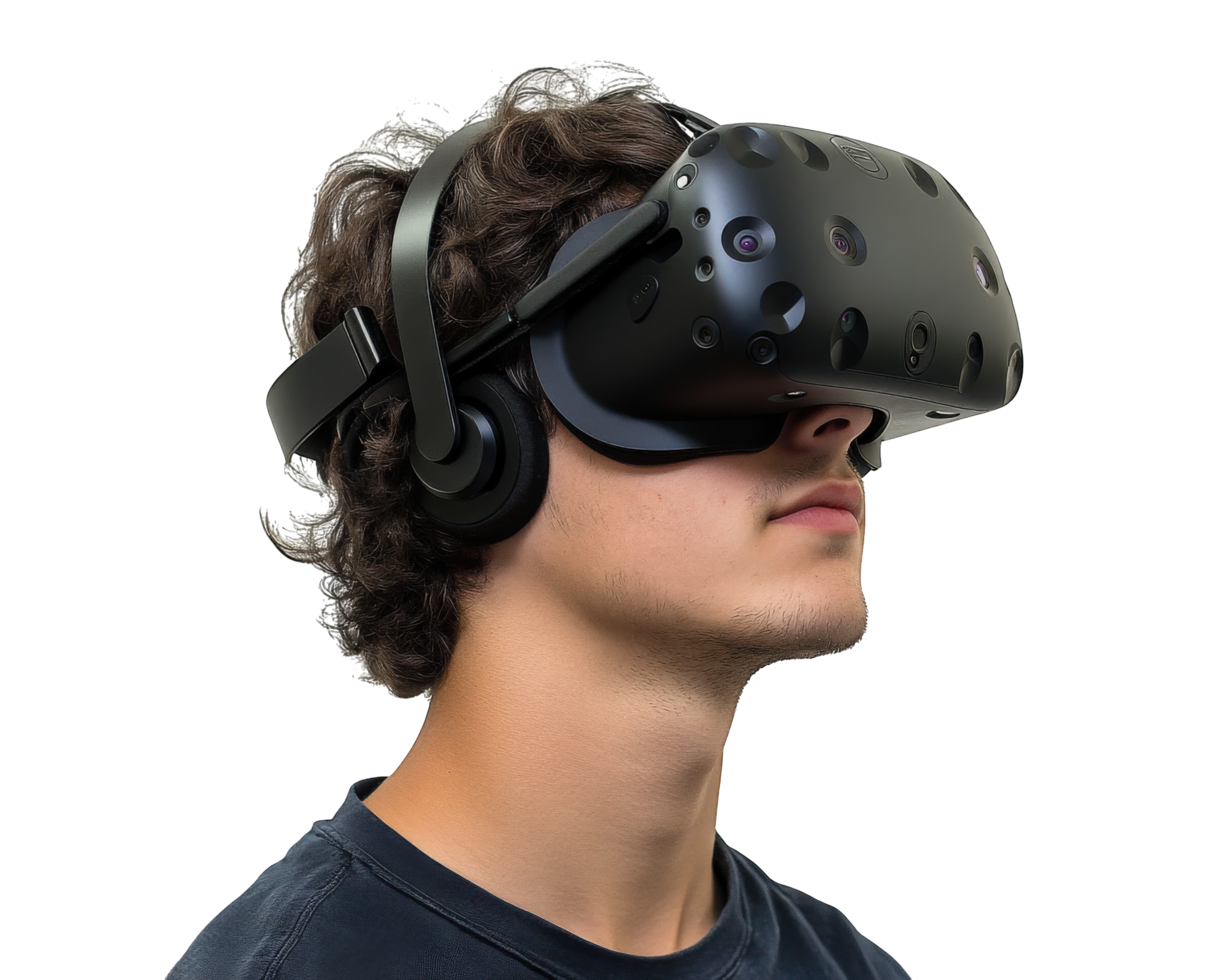 teenager wearing virtual reality headset, immersed in digital experience, isolated on transparency background. expression reflects curiosity and engagement png