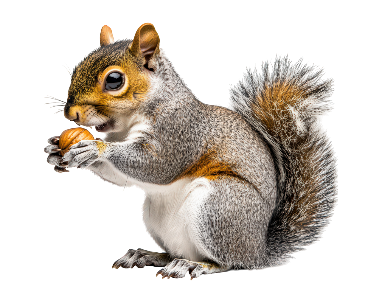 Squirrel eating nut, showcasing its fluffy tail and detailed fur. This adorable creature is isolated on transparency background, highlighting its features and playful expression png