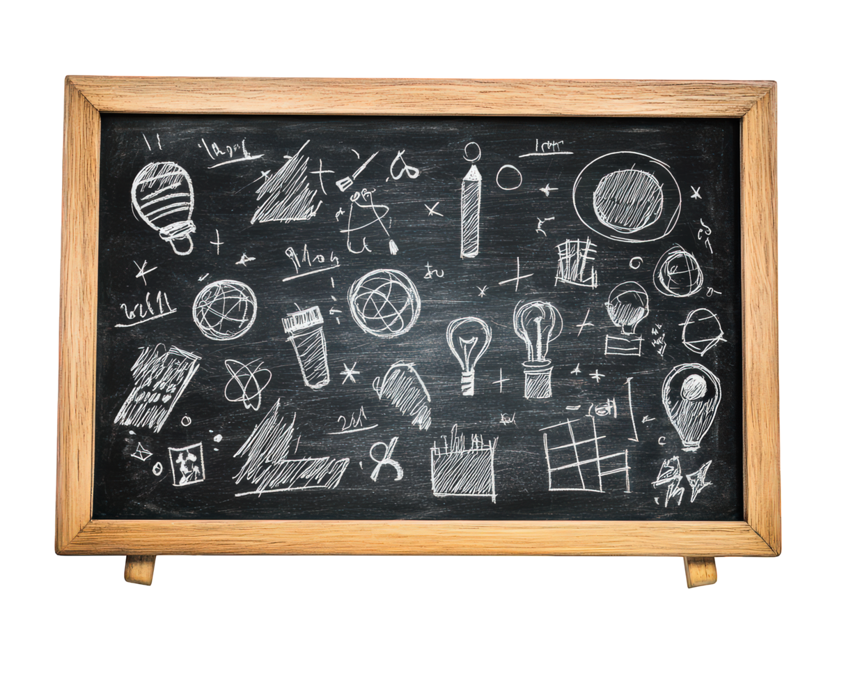 Creative chalkboard with doodles, brainstorming ideas, light bulbs, and sketches. Perfect for inspiration and educational themes png
