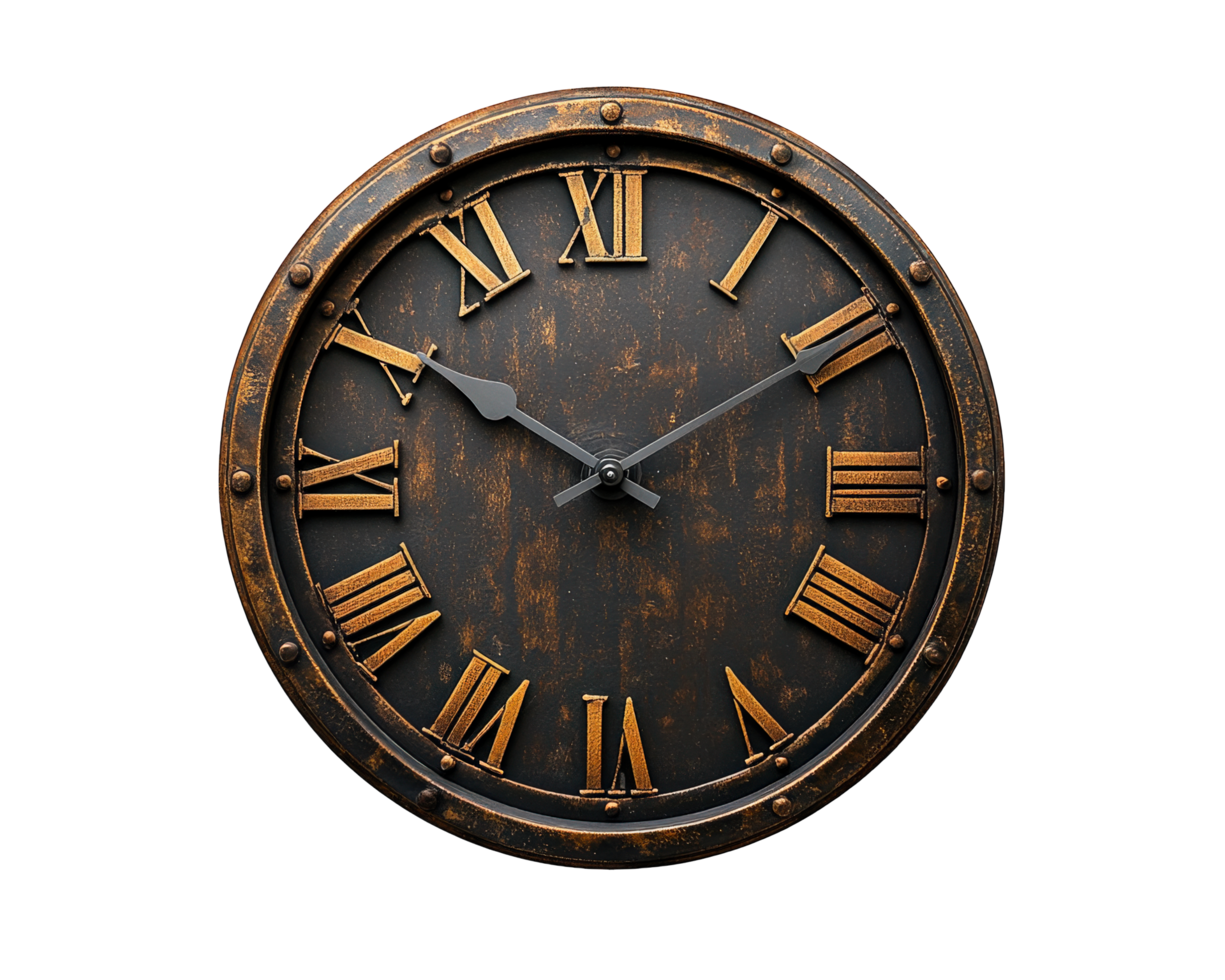 Rustic wall clock with Roman numerals and vintage design, featuring distressed finish and metallic accents. Perfect for adding character to any space png