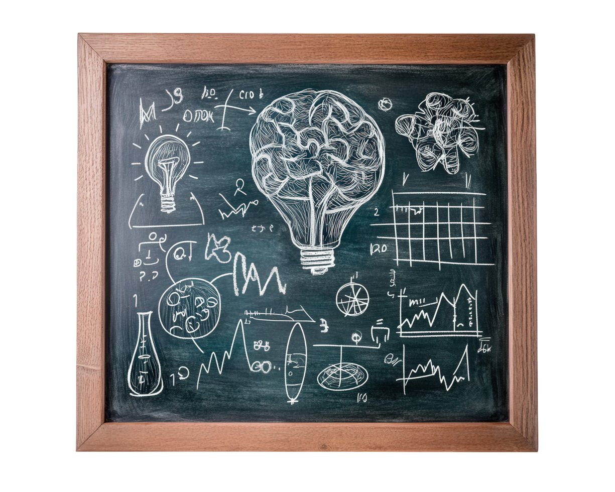 Creative brainstorming theme with doodles on chalkboard, featuring brain, light bulbs, graphs, and scientific symbols, inspiring innovative ideas and collaboration png