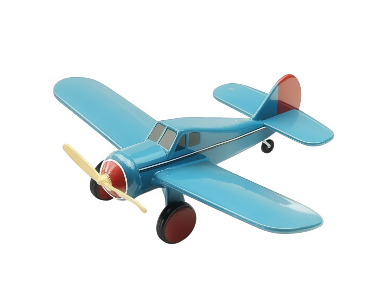 toy airplane in blue color with red accents and yellow propeller, perfect for imaginative play and decoration png