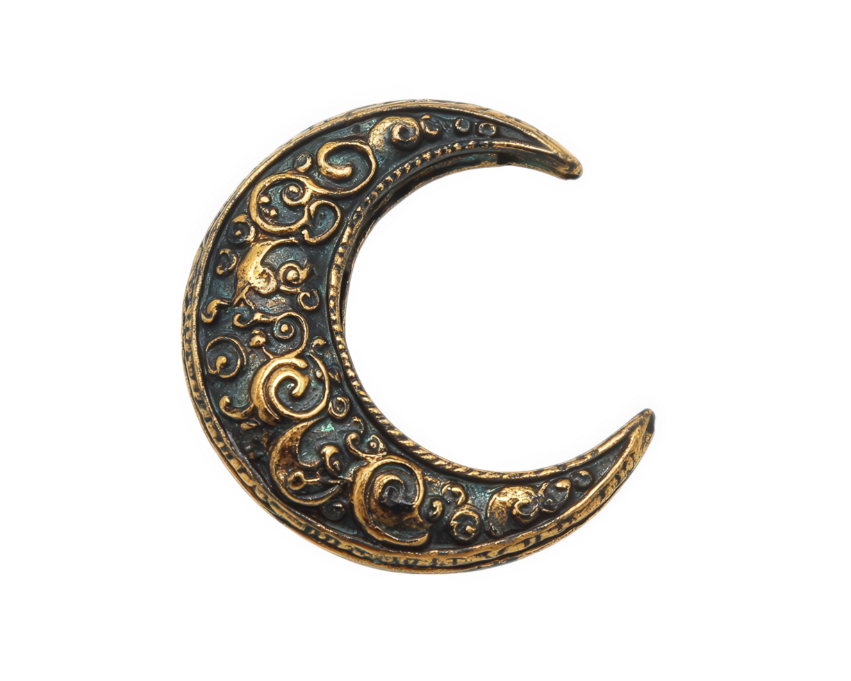crescent moon brooch with intricate designs and vintage look, perfect for adding touch of elegance to any outfit. This unique accessory showcases detailed craftsmanship and artistic flair png