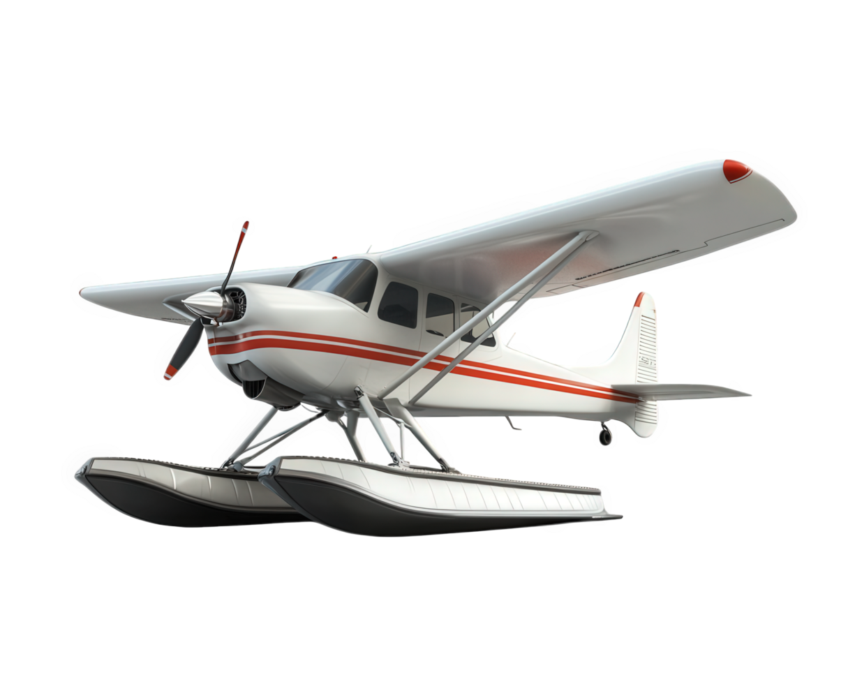 Amphibious plane with floats, designed for water and land use, showcasing sleek white body with red accents. Ideal for adventure and exploration png