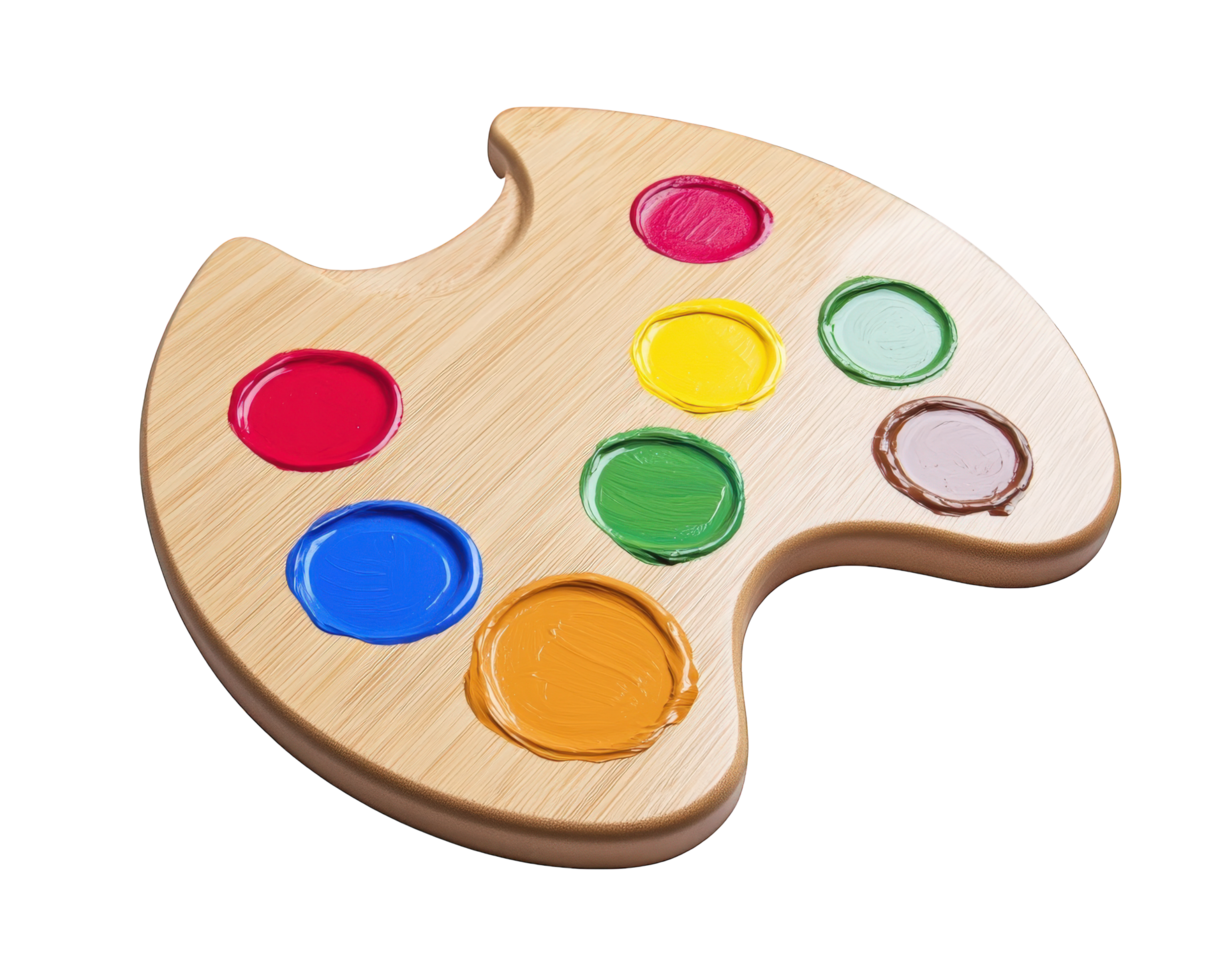 wooden paint palette with vibrant colors, including red, blue, green, yellow, and brown, isolated on transparency background, perfect for artists and creative projects png