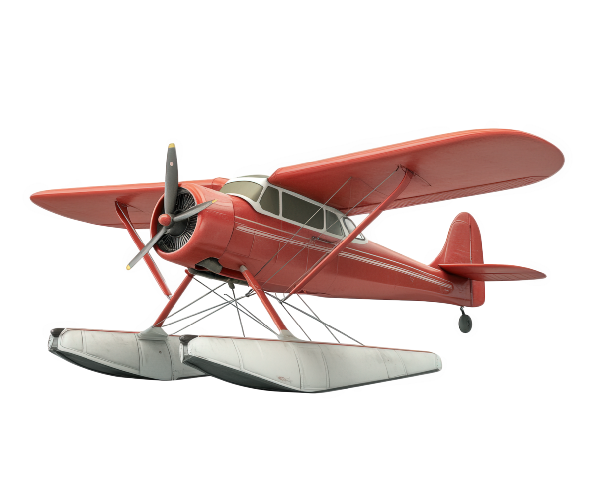 red seaplane with pontoons, showcasing vintage design and propeller. This aircraft is perfect for water landings and adds nostalgic touch to aviation png