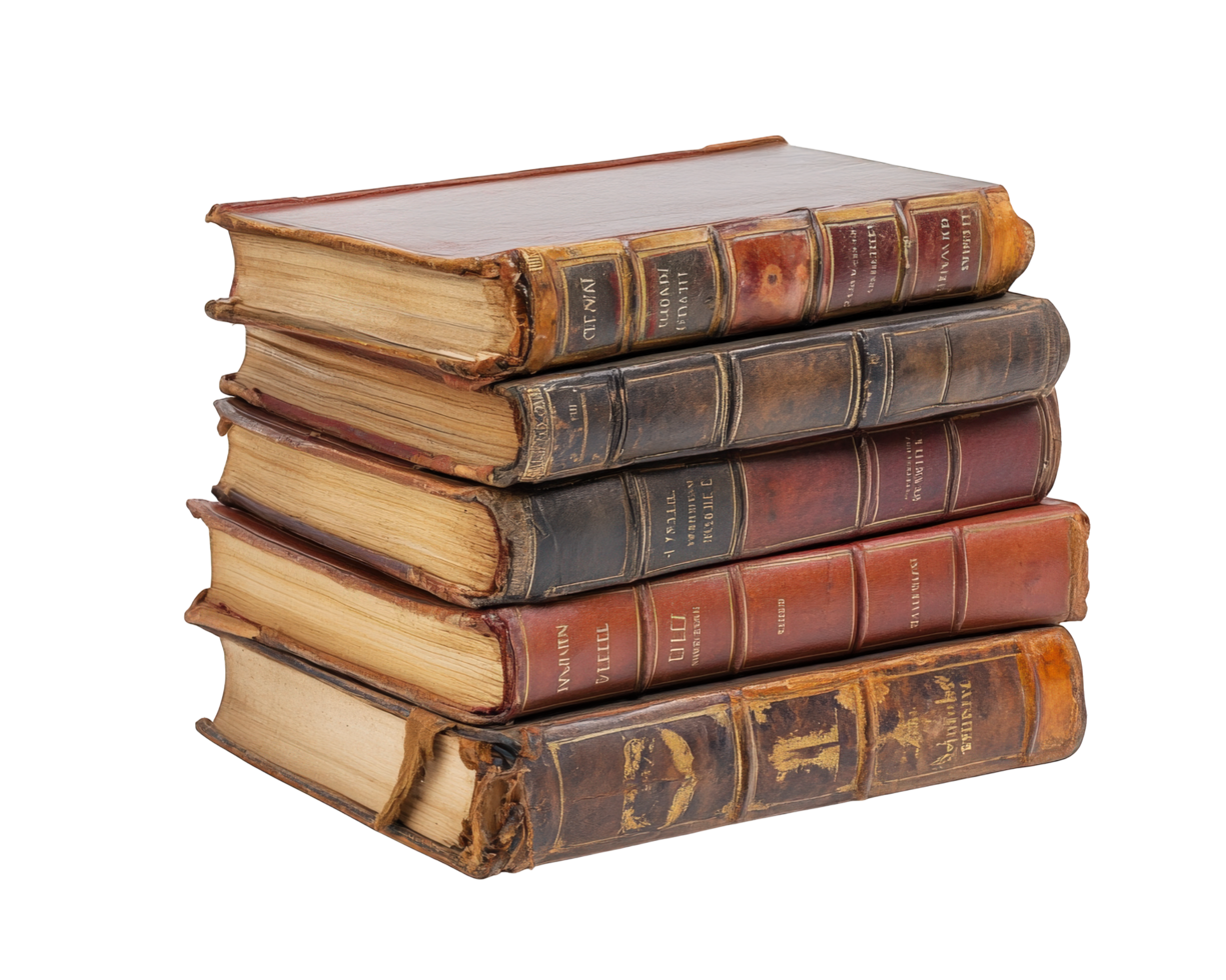 Stack of vintage books with worn covers and spines, isolated on white. These books evoke sense of nostalgia and history, perfect for literary themes png