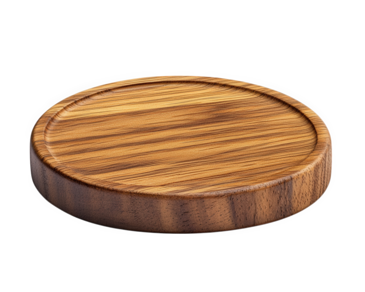 Wooden round serving board with smooth surface and natural grain pattern, perfect for serving appetizers or as decorative piece in kitchen png