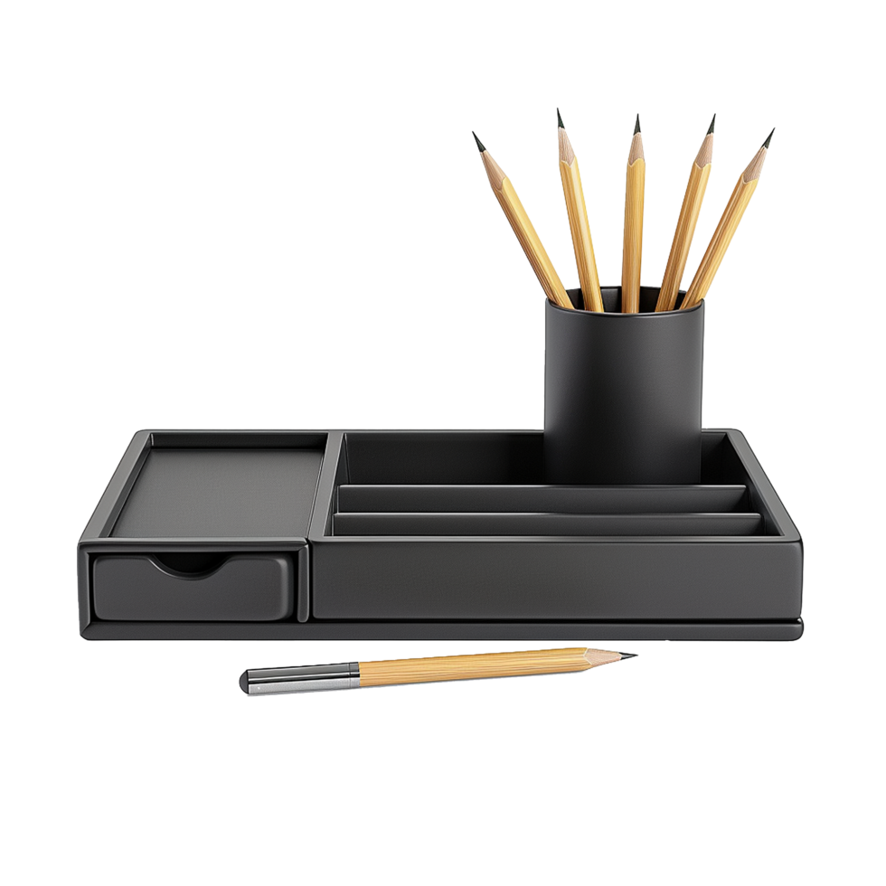 Black Desk Organizer with Pencils and Pen, png