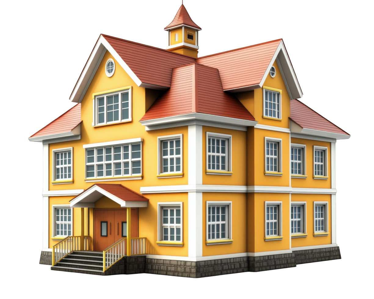 colorful primary school building with yellow exterior, multiple windows, and distinctive roof design, set against transparency background png