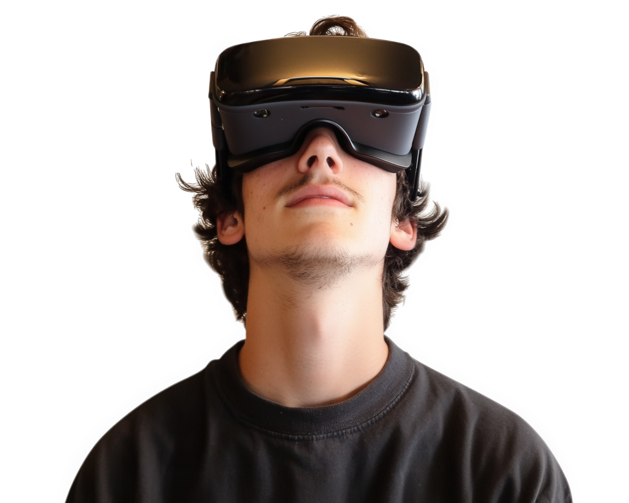 teenager wearing virtual reality goggles, looking up with focused expression. image captures excitement and immersion of modern technology png