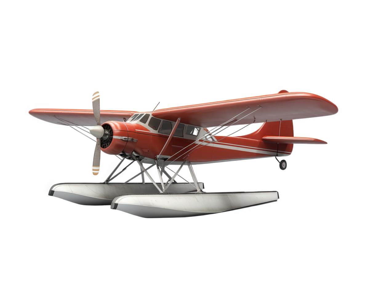 red seaplane with floats, showcasing vintage design and propeller, isolated on transparency background. This aircraft represents adventure and exploration over water png