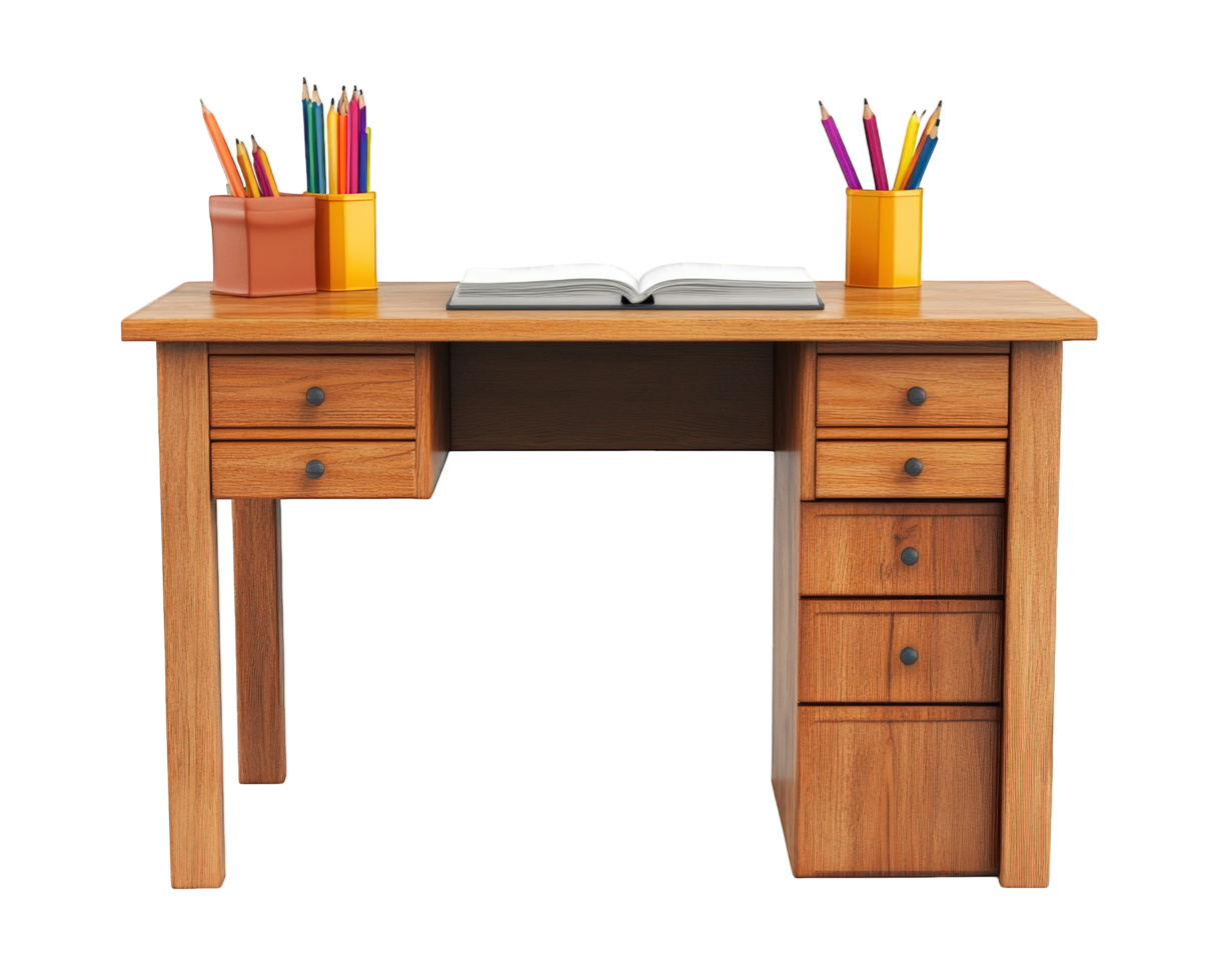 wooden teacher desk with drawers, open book, and colorful pencils in containers. Ideal for educational settings and study environments png