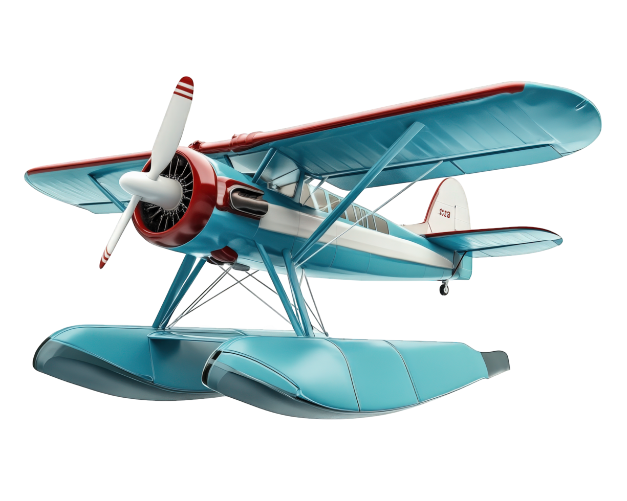 seaplane with vibrant blue and red design, featuring pontoons for water landings, showcasing its unique structure and propeller png