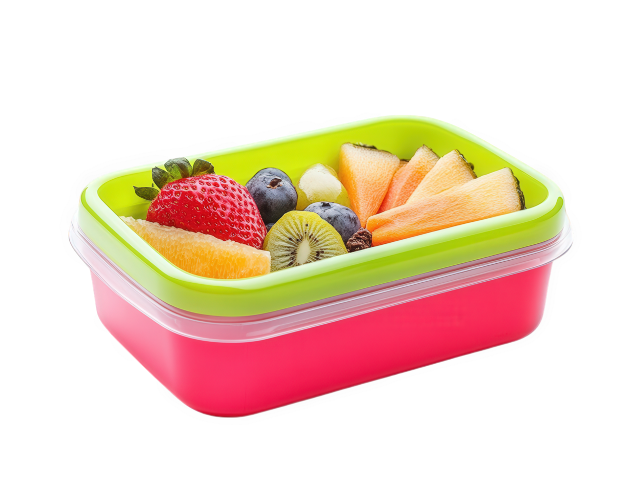 Fresh fruit lunchbox with assorted fruits in colorful container, perfect for healthy snacking. Enjoy strawberries, blueberries, kiwi, and melon slices png