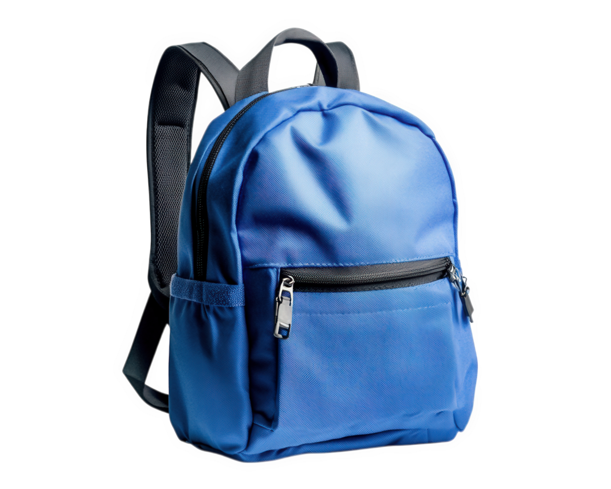 blue school backpack with zippered front pocket, perfect for students. Its durable design and spacious interior make it ideal for carrying books and supplies png
