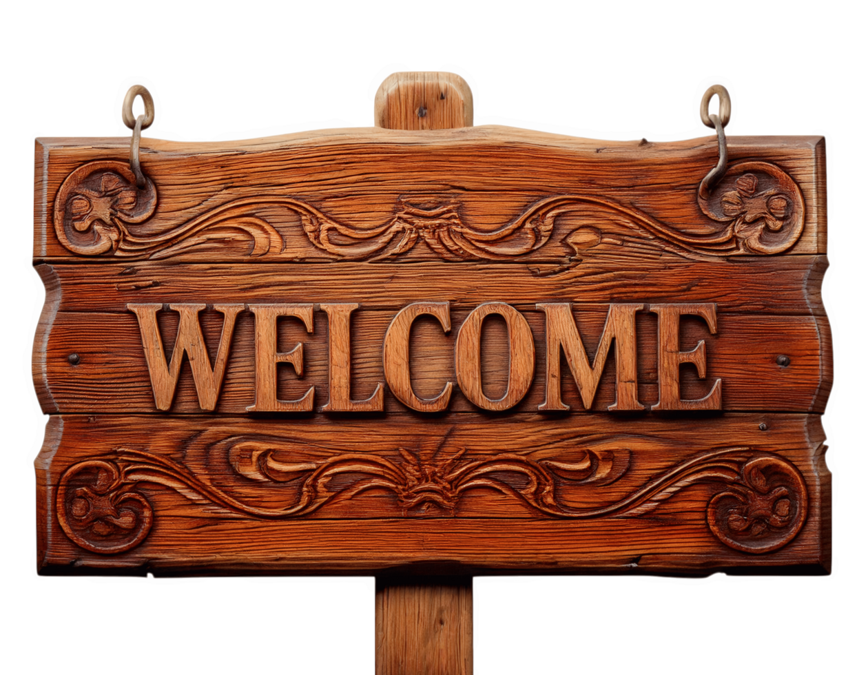 rustic wooden welcome sign with intricate carvings and warm tone. Perfect for home decor or hospitality settings png