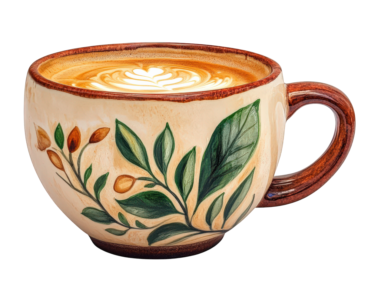 A coffee cup with leaves and flowers on it png
