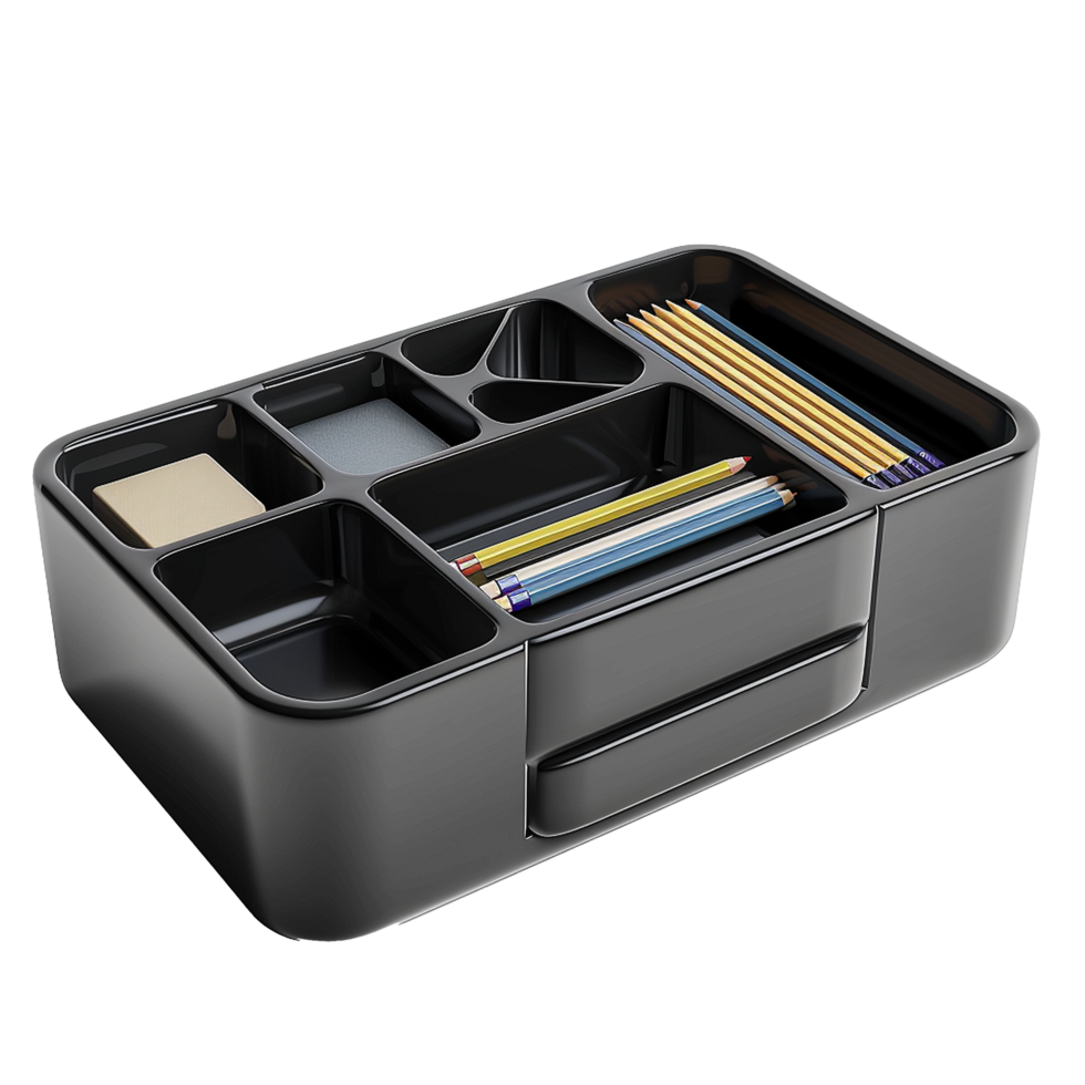 Black Desk Organizer with Pencils and Eraser, png