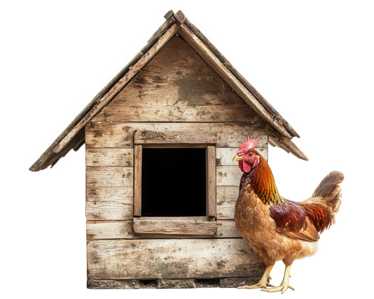 A chicken stands in front of a wooden house png