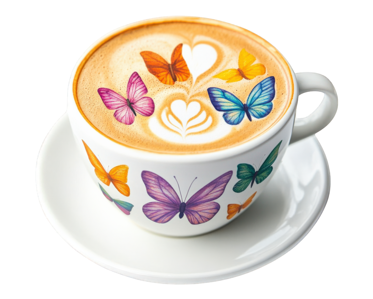 A cup of coffee with colorful butterflies on it png