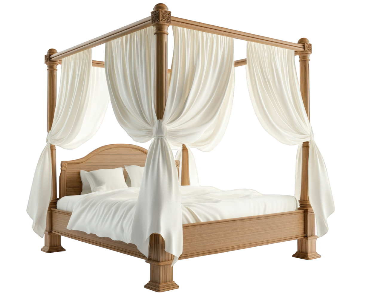 A bed with white curtains and a canopy png