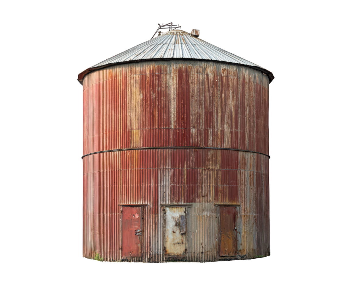 An old rusted grain silo with a door open png