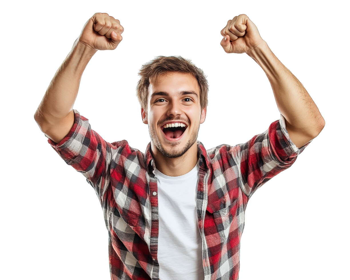 A man is celebrating with his hands up png