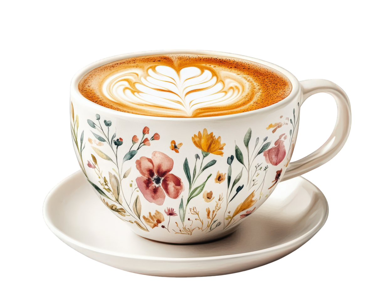 A cup of coffee with flowers on it png