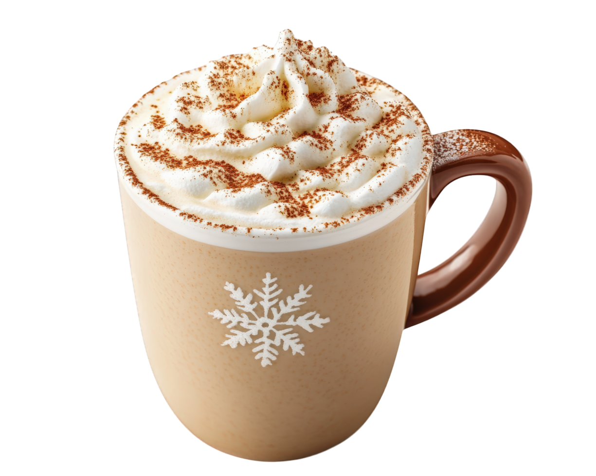 A coffee drink with whipped cream and a snowflake on top png