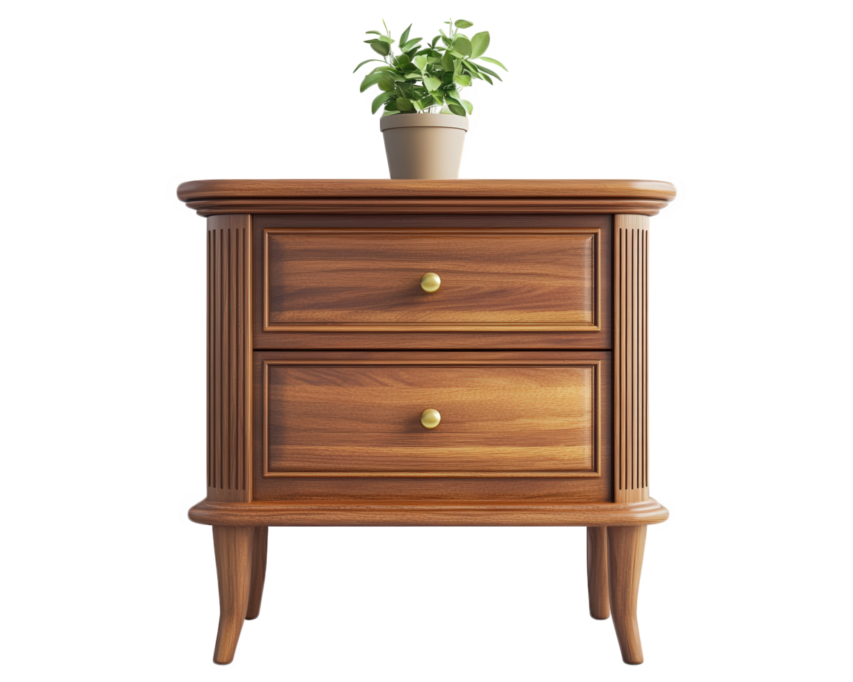 A wooden nightstand with a plant on top png