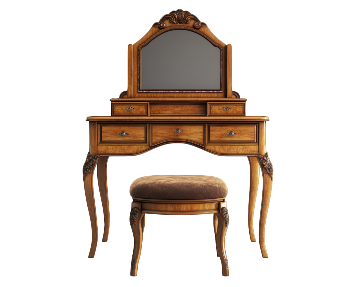 A dressing table with a mirror and stool png
