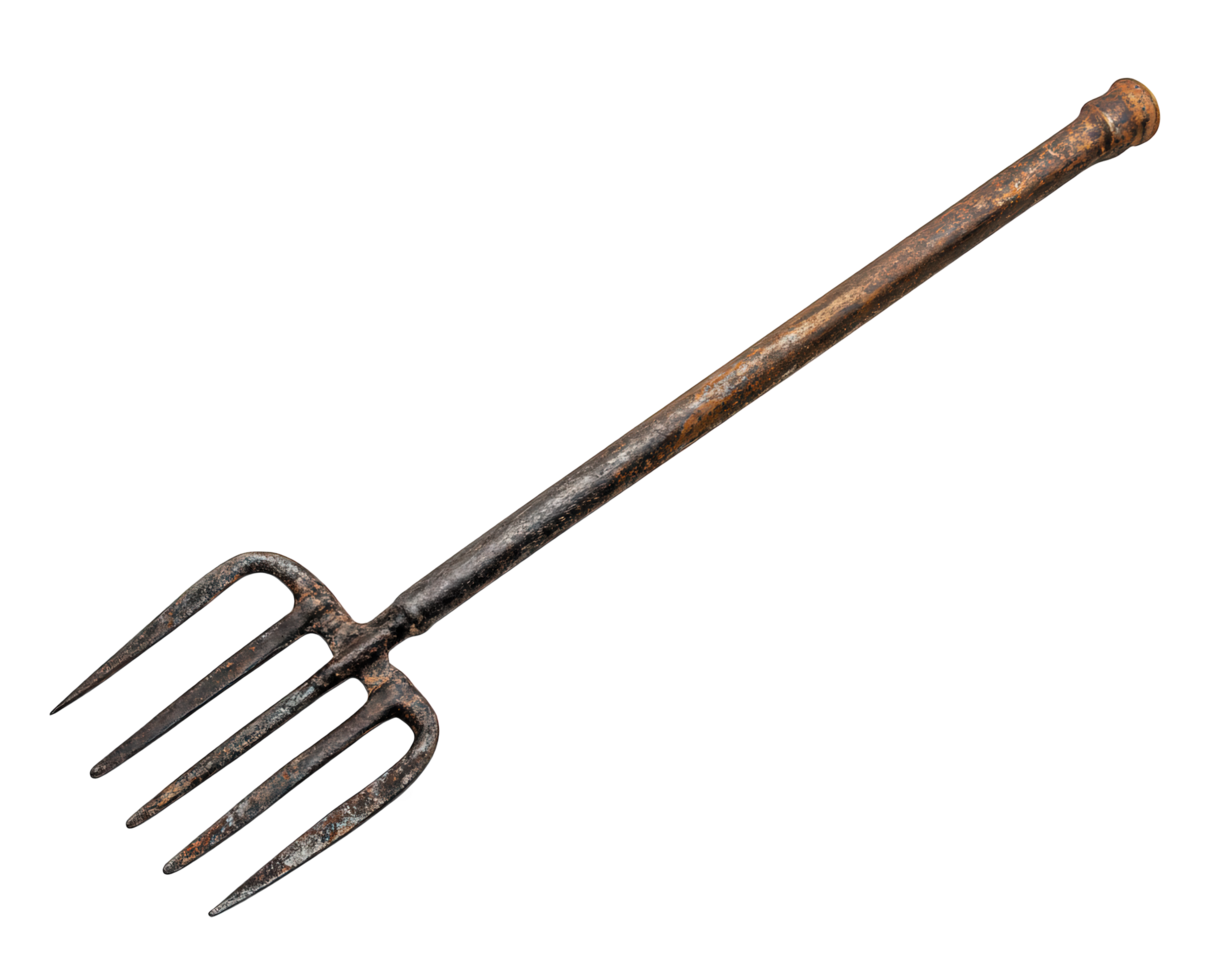 A rusty old pitchfork on a black background png
