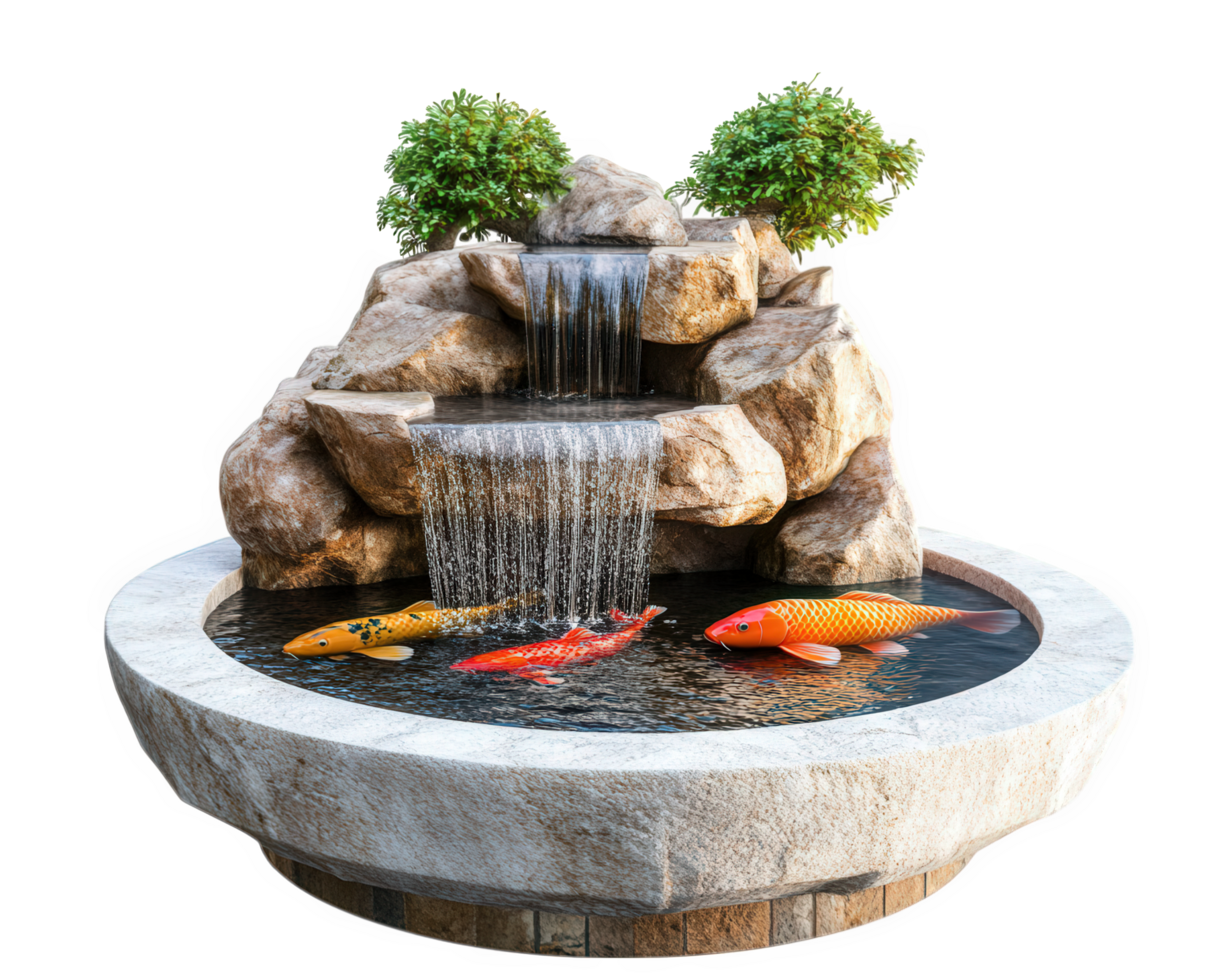 A small pond with a waterfall and koi fish png