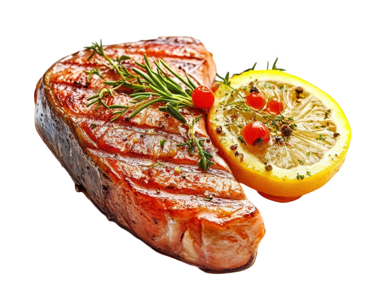 Grilled steak with lemon and rosemary png