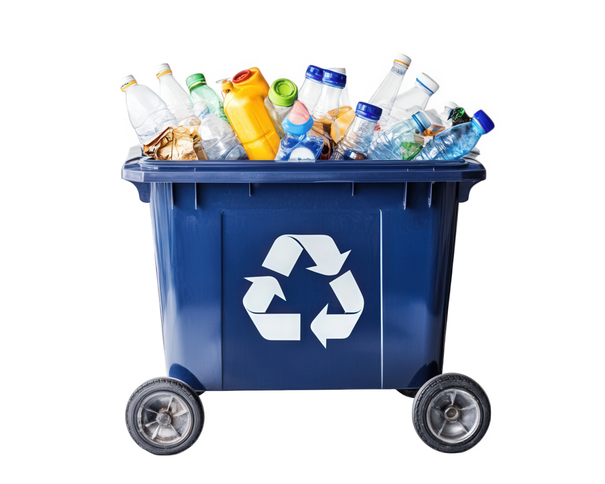 A blue recycling bin filled with bottles and cans png