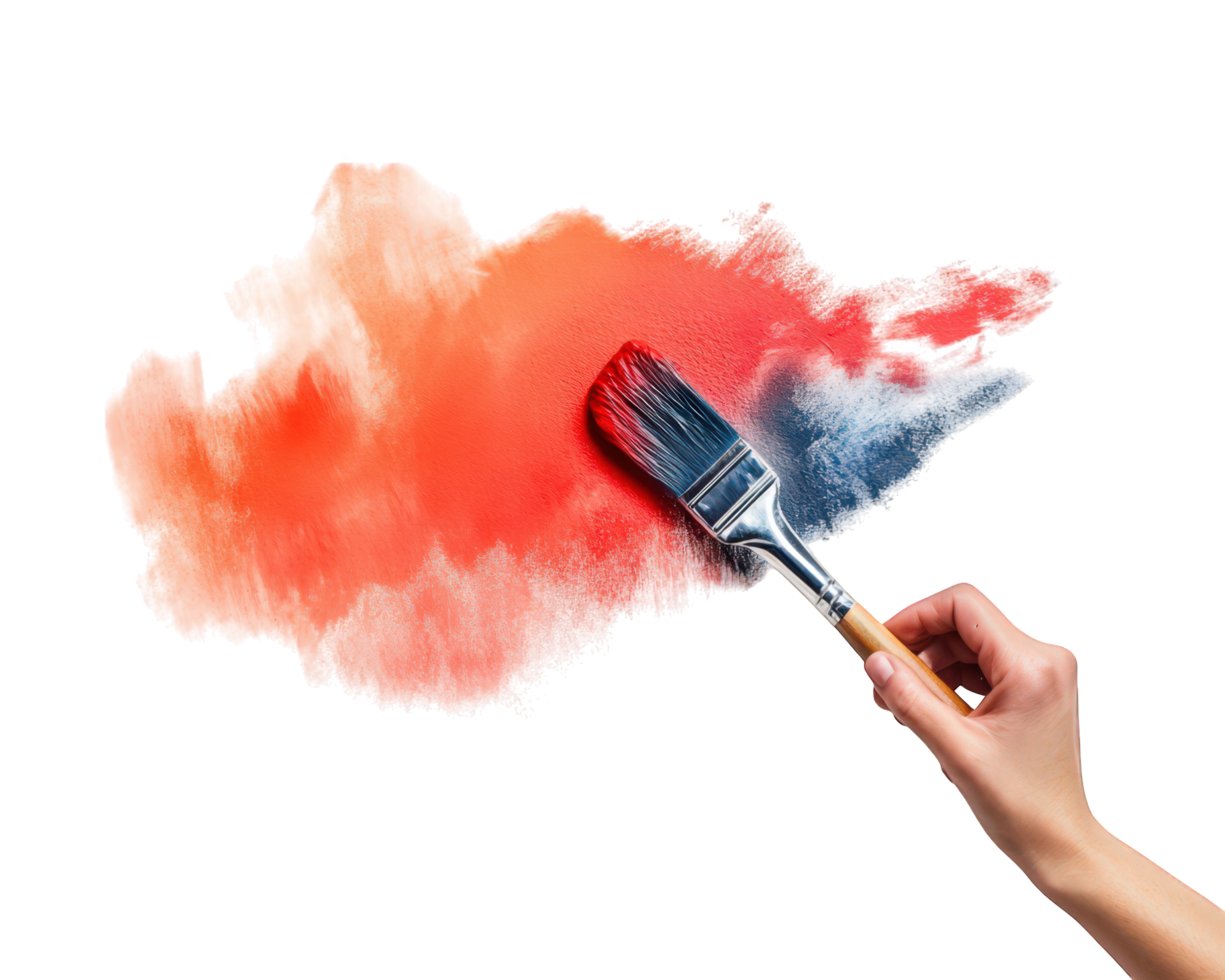 A hand holding a paintbrush and painting a red and blue watercolor png