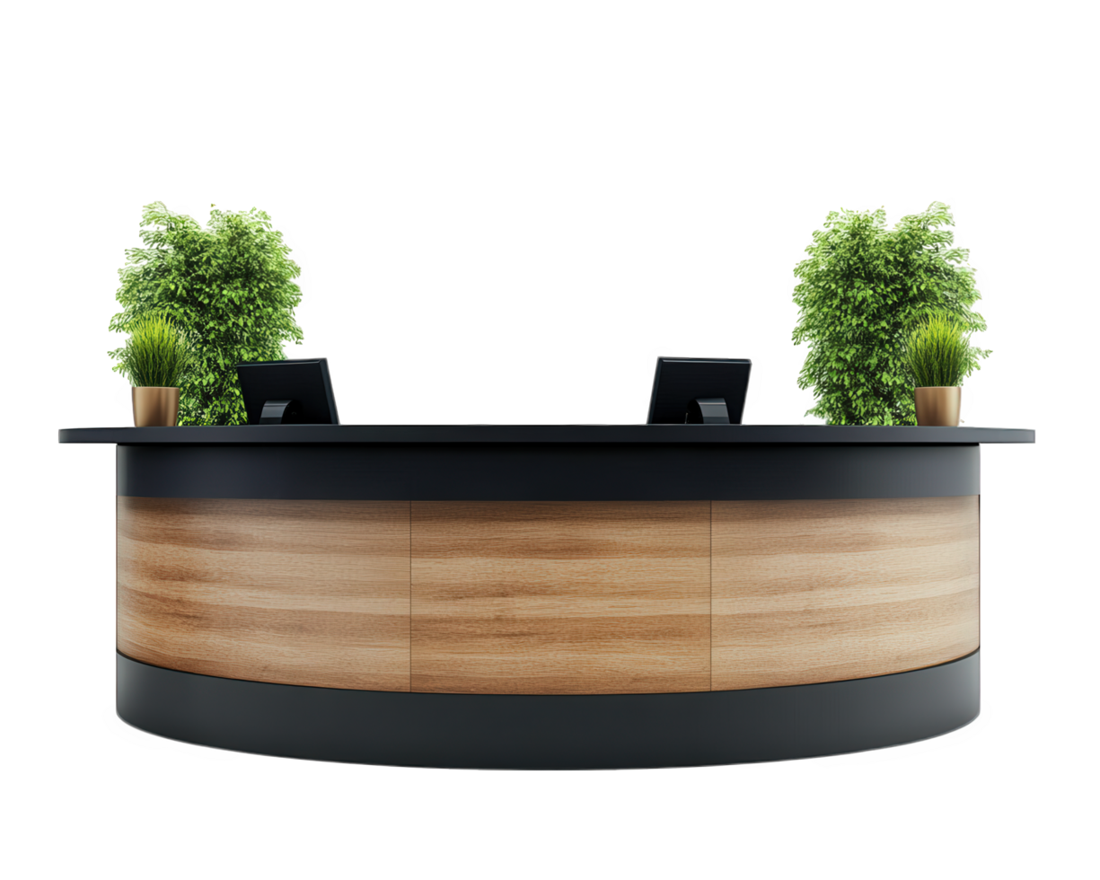 A reception desk with two plants on it png